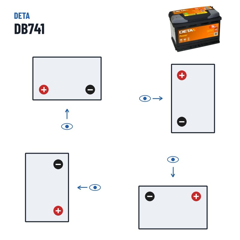 Batteria auto Deta DB741 12V 74Ah 680A – polarità (schema 1, + a sinistra)