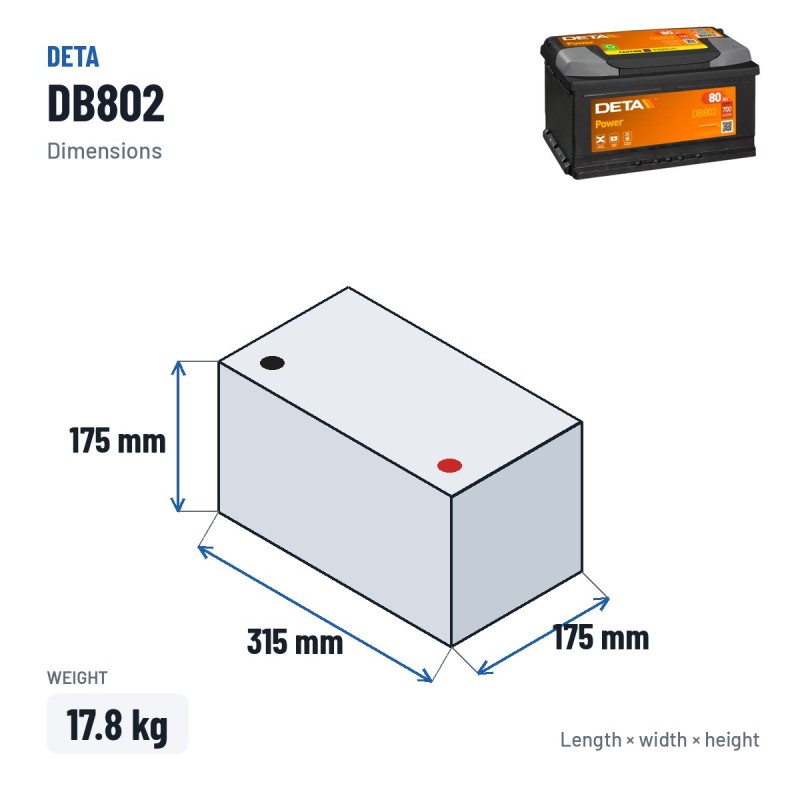 Bateria de carro Deta DB802 12V 80Ah 700A – medidas 315 × 175 × 175 mm