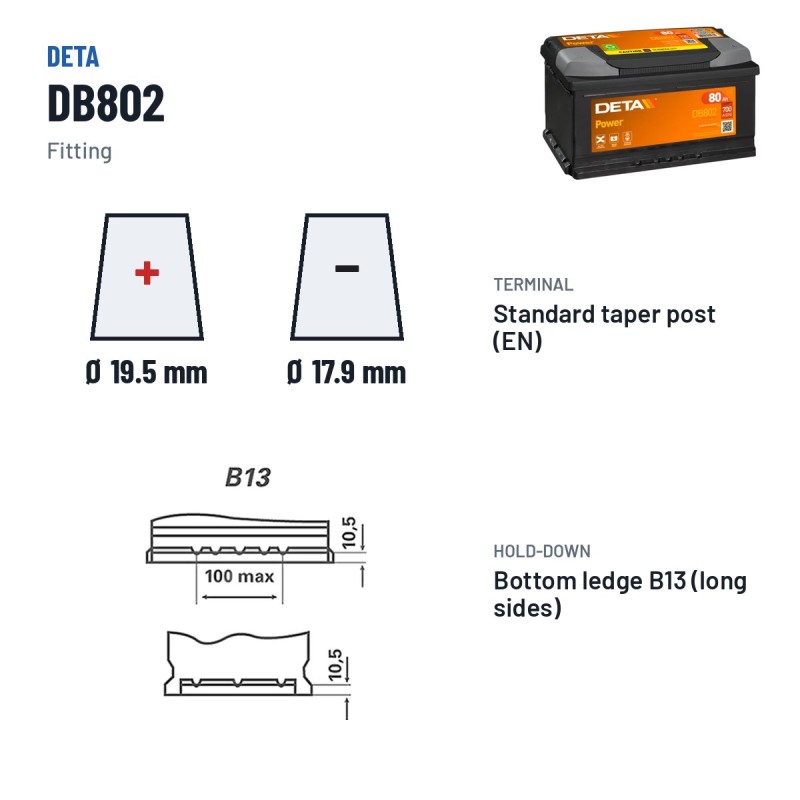 Bateria de carro Deta DB802 12V 80Ah 700A – terminal e fixação