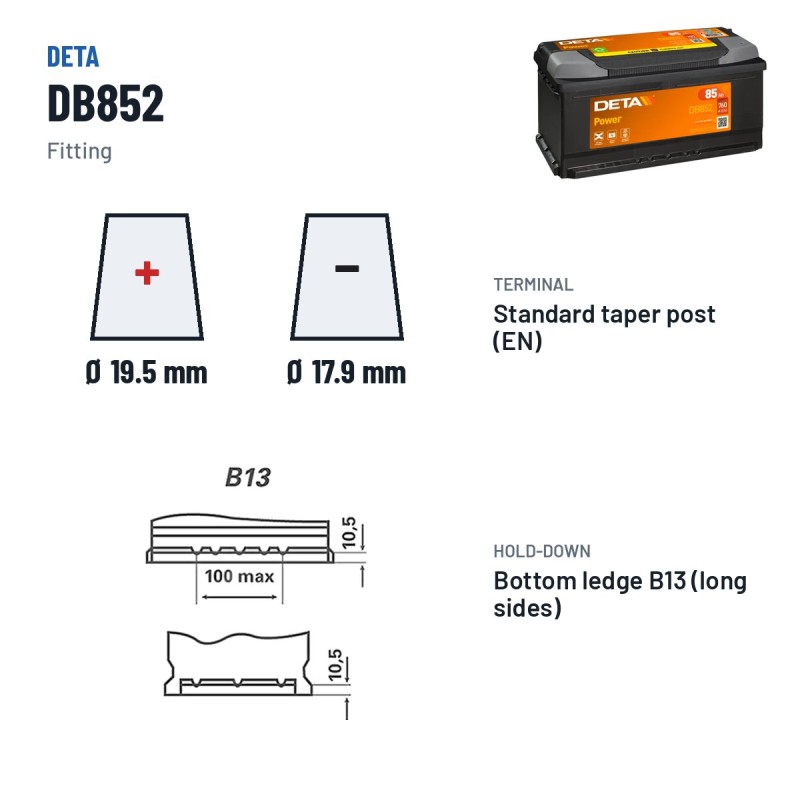 Bateria de carro Deta DB852 12V 85Ah 760A | baterias.com