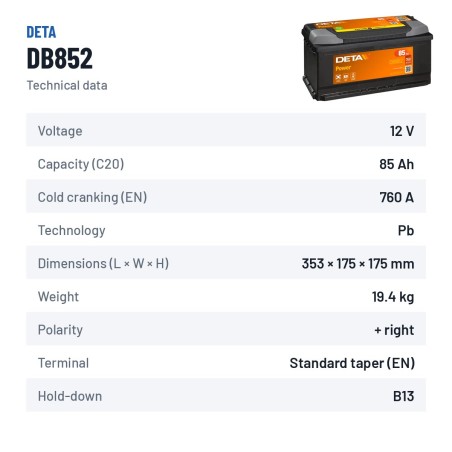 Bateria de carro Deta DB852 12V 85Ah 760A | baterias.com