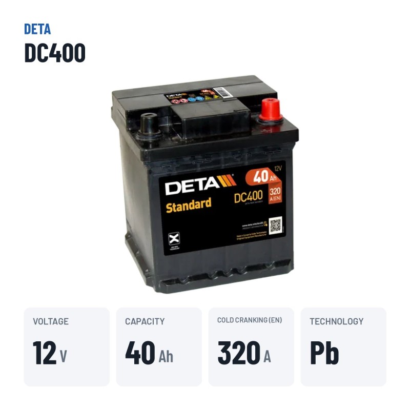 Batería de coche Deta DC400 12V 40Ah 320A – datos clave