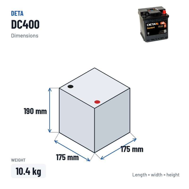 Autobatterie Deta DC400 12V 40Ah 320A – Abmessungen 175 × 175 × 190 mm