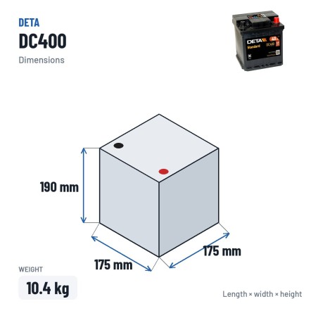 Batería de coche Deta DC400 12V 40Ah 320A – medidas 175 × 175 × 190 mm