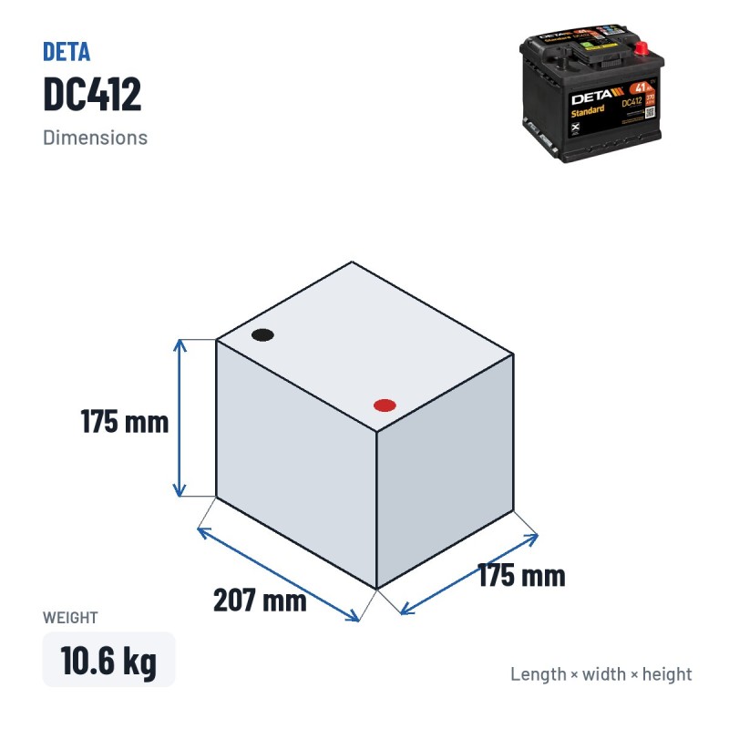 Batteria auto Deta DC412 12V 41Ah 370A – dimensioni 207 × 175 × 175 mm