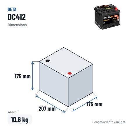 Batterie voiture Deta DC412 12V 41Ah 370A – dimensions 207 × 175 × 175 mm