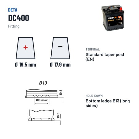 Autobatterie Deta DC400 12V 40Ah 320A – Pole und Befestigung