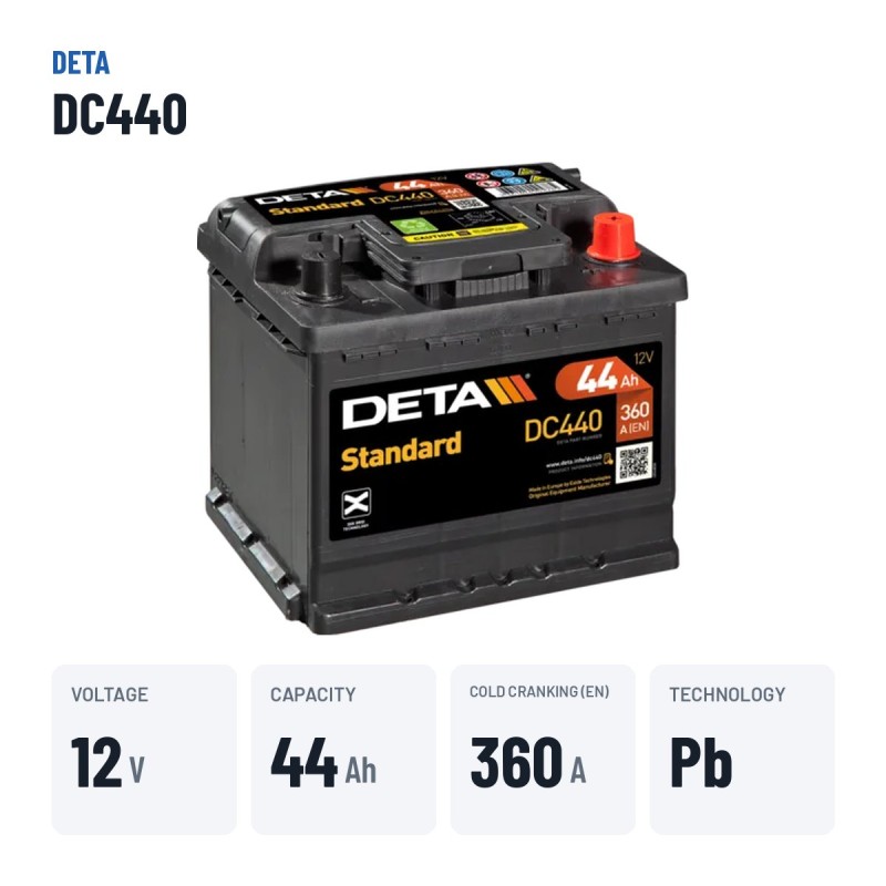 Batería de coche Deta DC440 12V 44Ah 360A – datos clave
