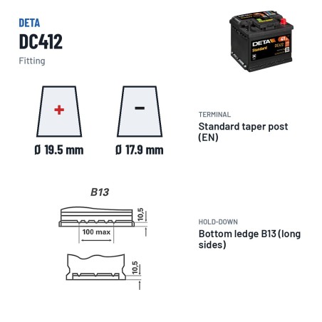Batterie voiture Deta DC412 12V 41Ah 370A – bornes et fixation