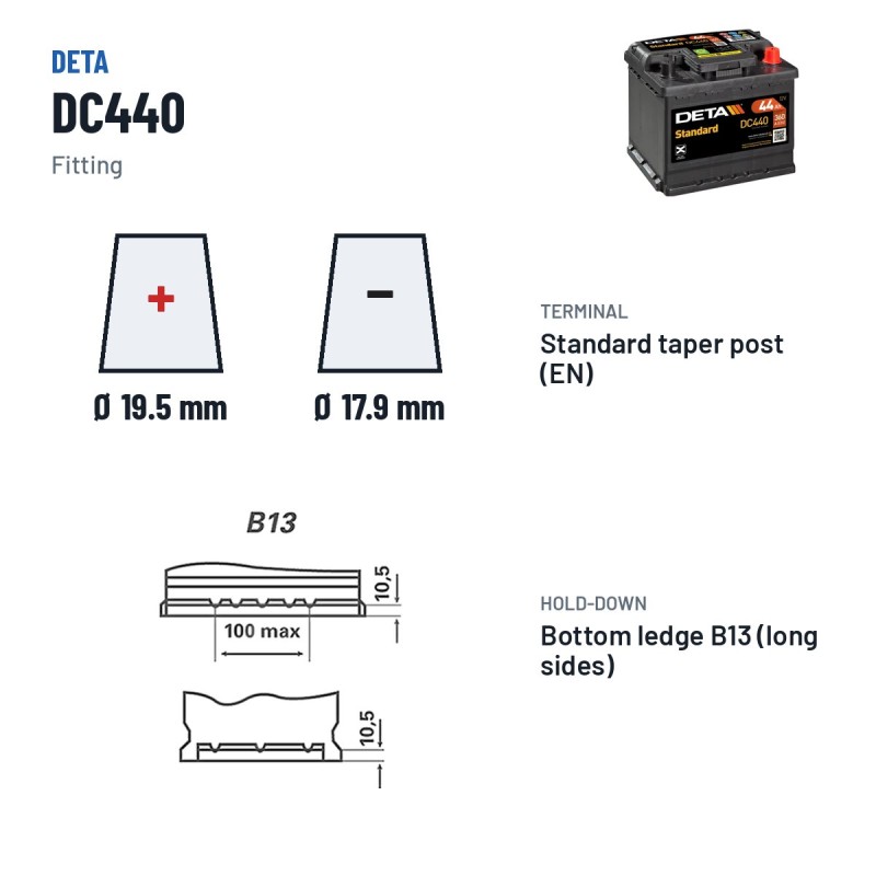 Batería de coche Deta DC440 12V 44Ah 360A – borne y sujeción