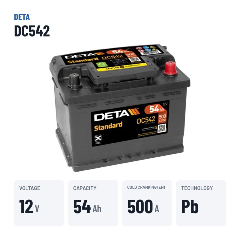 Car battery Deta DC542 12V 54Ah 500A – key specs