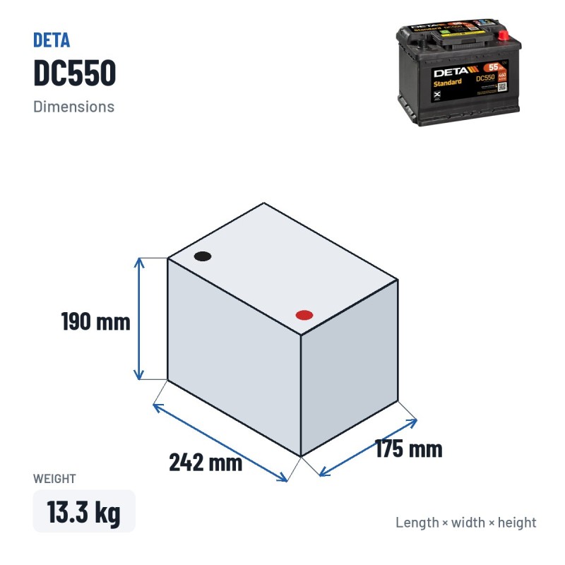 Batería de coche Deta DC550 12V 55Ah 460A – medidas 242 × 175 × 190 mm