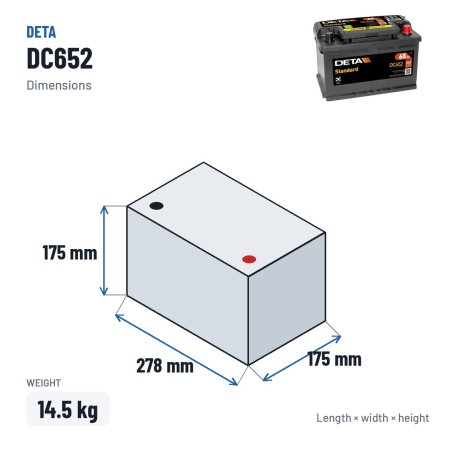 Batteria auto Deta DC652 12V 65Ah 540A – dimensioni 278 × 175 × 175 mm