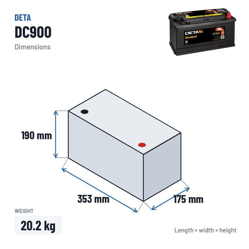 Autobatterie Deta DC900 12V 90Ah 720A – Abmessungen 353 × 175 × 190 mm