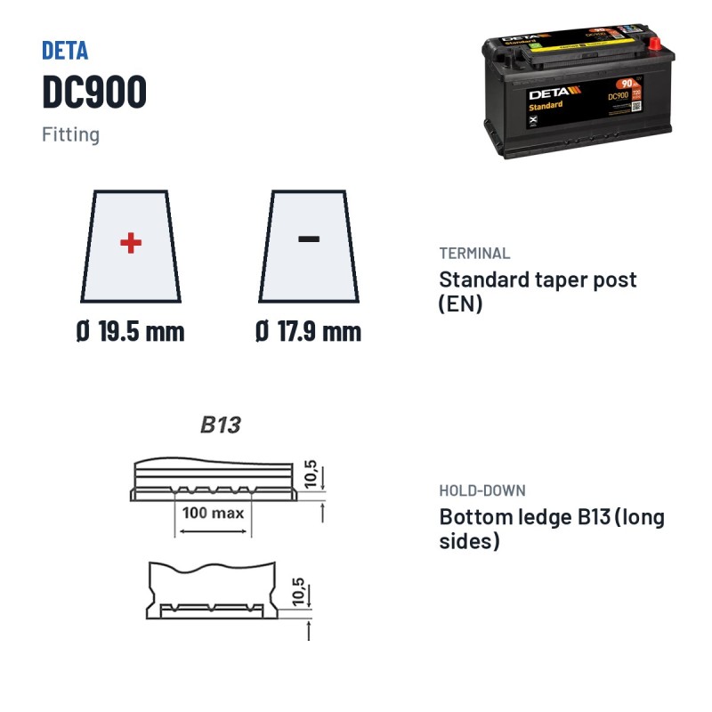 Autobatterie Deta DC900 12V 90Ah 720A – Pole und Befestigung