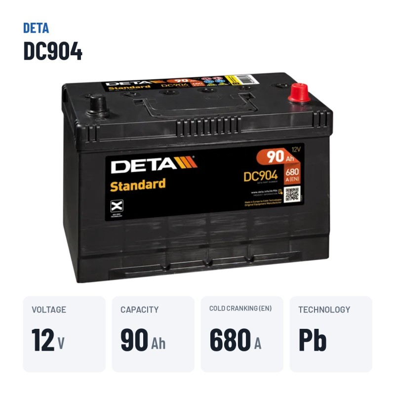 Batterie voiture Deta DC904 12V 90Ah 680A – caractéristiques clés