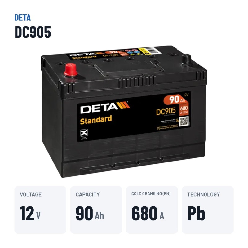 Batterie voiture Deta DC905 12V 90Ah 680A – caractéristiques clés