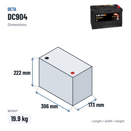 Batería de coche Deta DC904 12V 90Ah 680A – medidas 306 × 173 × 222 mm