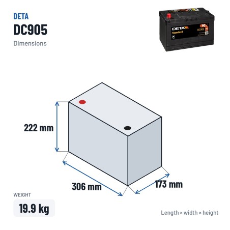 Batterie voiture Deta DC905 12V 90Ah 680A – dimensions 306 × 173 × 222 mm
