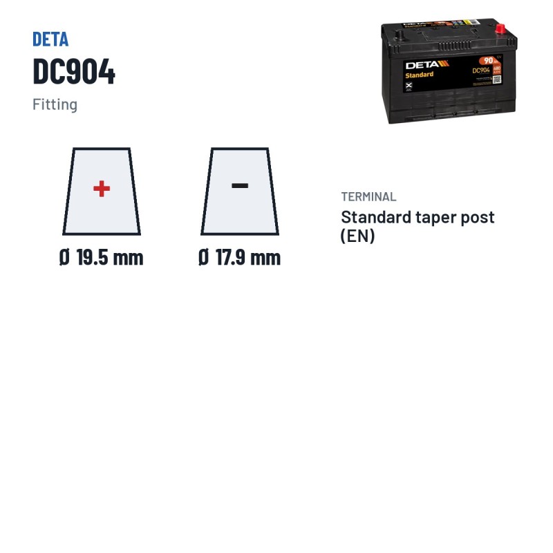 Car battery Deta DC904 12V 90Ah 680A – terminal and hold-down