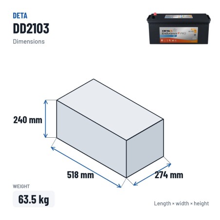 Batteria camion Deta DD2103 12V 210Ah 1030A GEL – dimensioni 518 × 274 × 240 mm