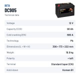 Batteria auto Deta DC905 12V 90Ah 680A – scheda tecnica