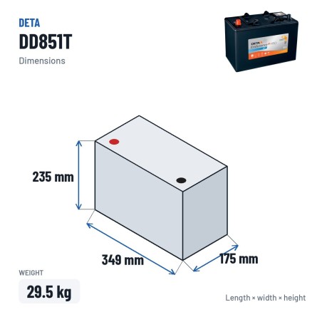 Batería de camión Deta DD851T 12V 85Ah 350A GEL – medidas 349 × 175 × 235 mm