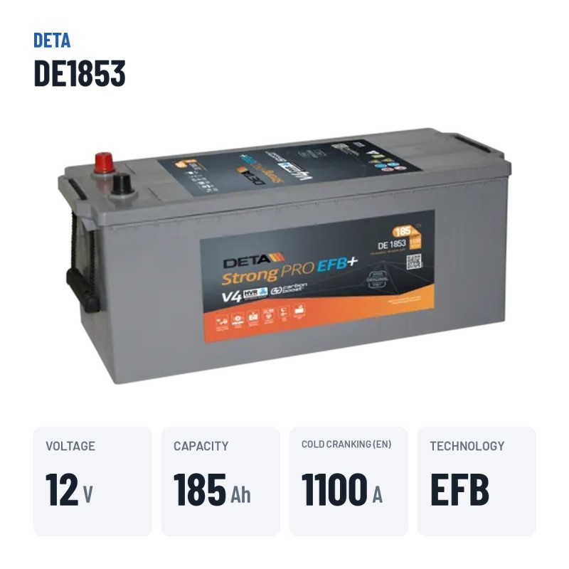 Batterie camion Deta DE1853 12V 185Ah 1100A EFB – caractéristiques clés