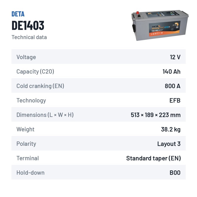 Batería de camión Deta DE1403 12V 140Ah 800A EFB – ficha técnica