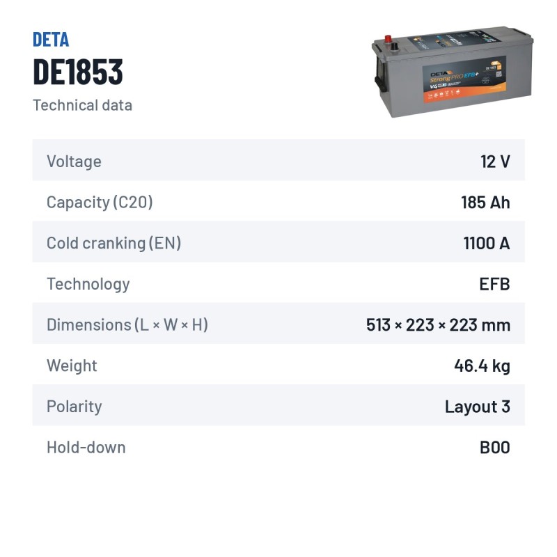 Batteria camion Deta DE1853 12V 185Ah 1100A EFB – scheda tecnica