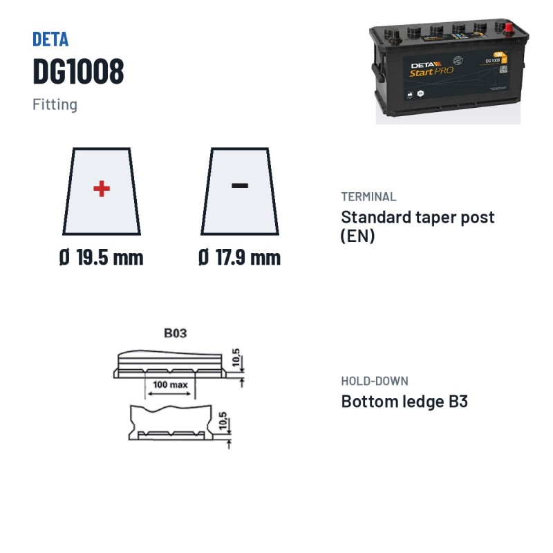 Bateria de camião Deta DG1008 12V 100Ah 680A – terminal e fixação