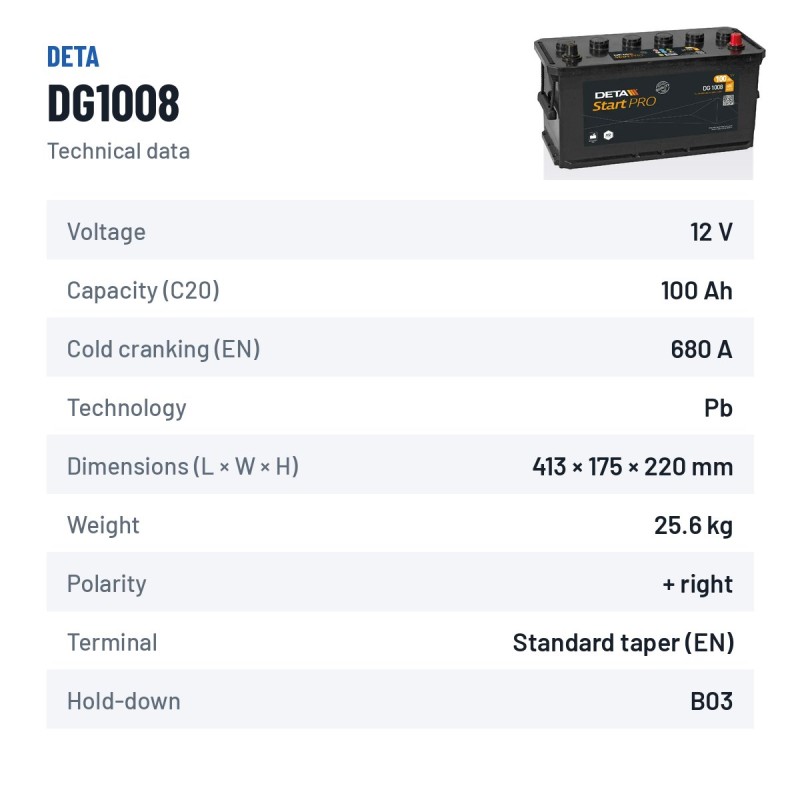 LKW-Batterie Deta DG1008 12V 100Ah 680A – technische Daten