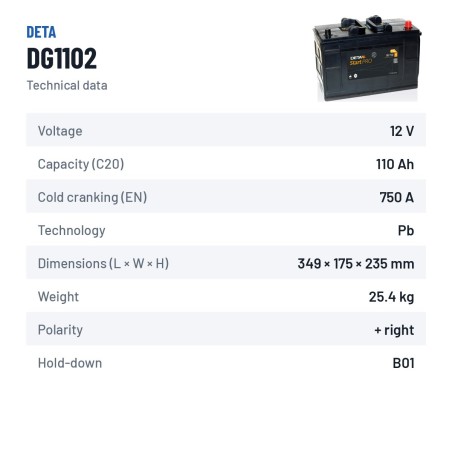 LKW-Batterie Deta DG1102 12V 110Ah 750A – technische Daten
