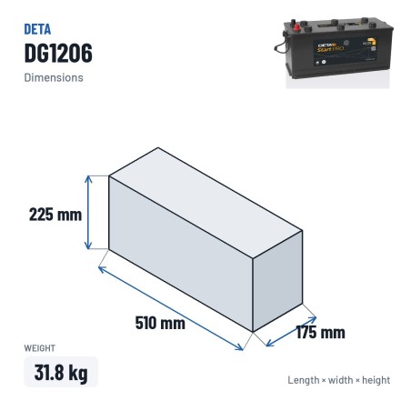 Batteria camion Deta DG1206 12V 120Ah 680A – dimensioni 510 × 175 × 225 mm