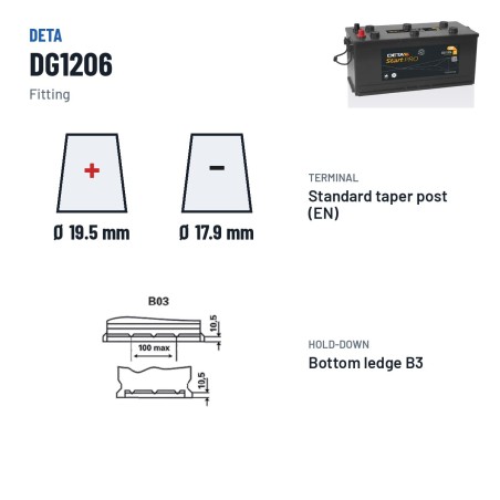 Batteria camion Deta DG1206 12V 120Ah 680A – terminali e fissaggio