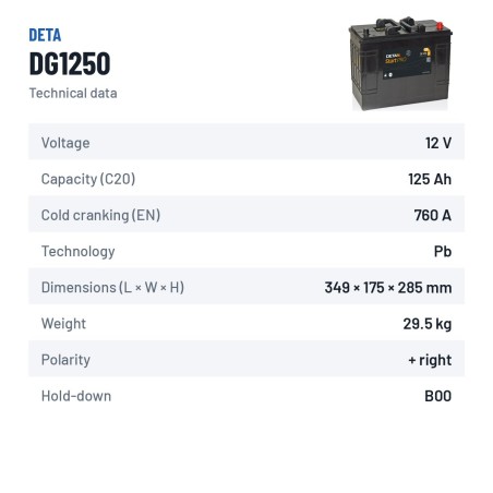 Truck battery Deta DG1250 12V 125Ah 760A – technical data