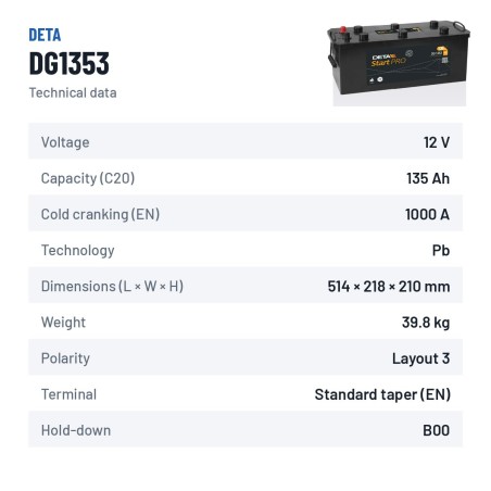 Batterie camion Deta DG1353 12V 135Ah 1000A – fiche technique