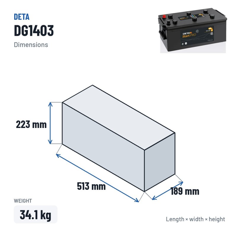 Batería de camión Deta DG1403 12V 140Ah 800A – medidas 513 × 189 × 223 mm