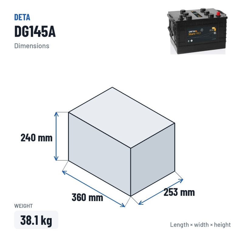 Batería de camión Deta DG145A 12V 145Ah 1000A – medidas 360 × 253 × 240 mm