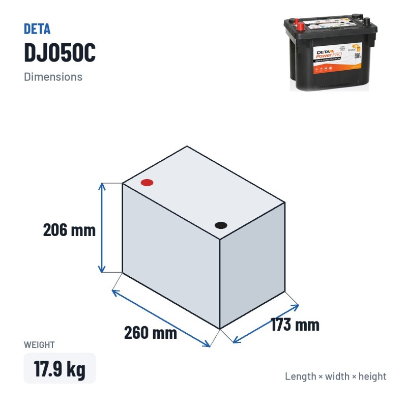 Truck battery Deta DJ050C 12V 50Ah 800A AGM – dimensions 260 × 173 × 206 mm