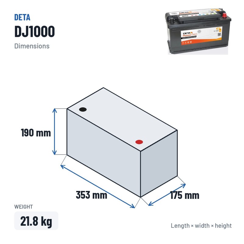 Batteria camion Deta DJ1000 12V 100Ah 850A – dimensioni 353 × 175 × 190 mm
