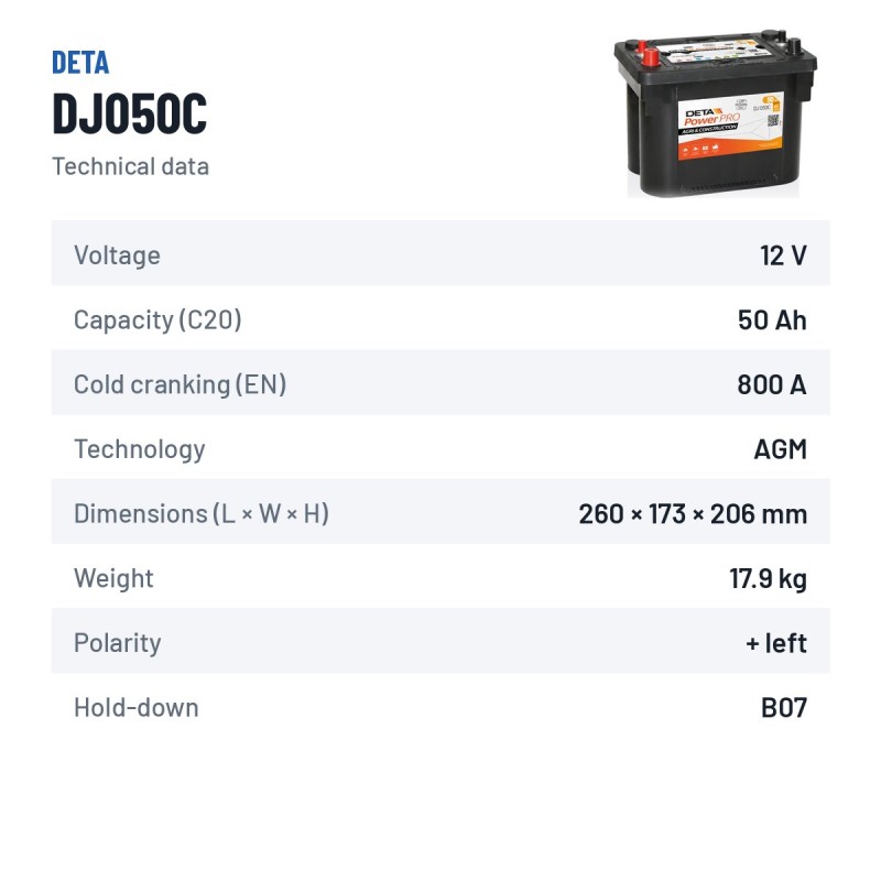 Batería de camión Deta DJ050C 12V 50Ah 800A AGM – ficha técnica