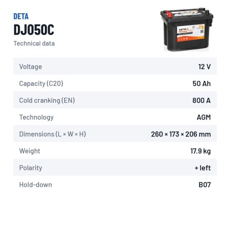 Truck battery Deta DJ050C 12V 50Ah 800A AGM – technical data