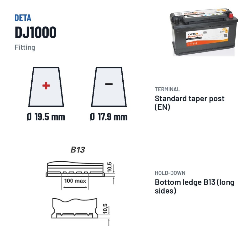 Batteria camion Deta DJ1000 12V 100Ah 850A – terminali e fissaggio