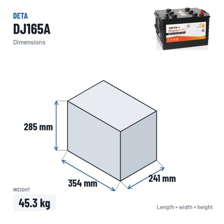 Bateria de camião Deta DJ165A 12V 165Ah 850A – medidas 354 × 241 × 285 mm