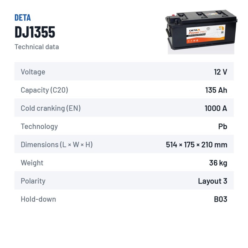 Truck battery Deta DJ1355 12V 135Ah 1000A – technical data
