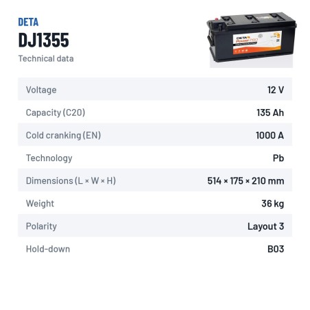 Bateria de camião Deta DJ1355 12V 135Ah 1000A | baterias.com