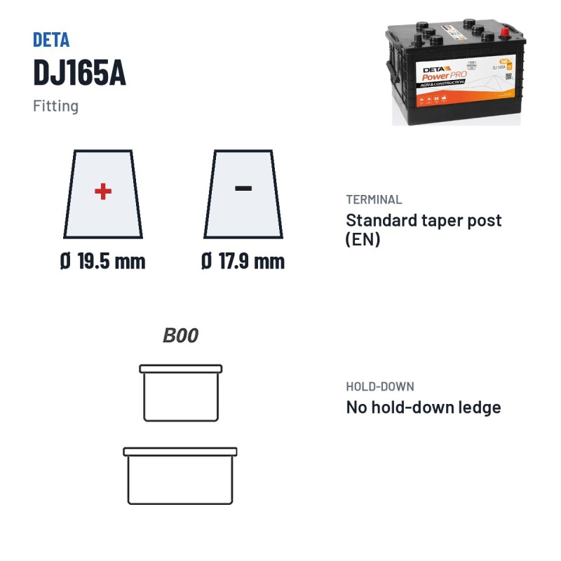 Bateria de camião Deta DJ165A 12V 165Ah 850A – terminal e fixação