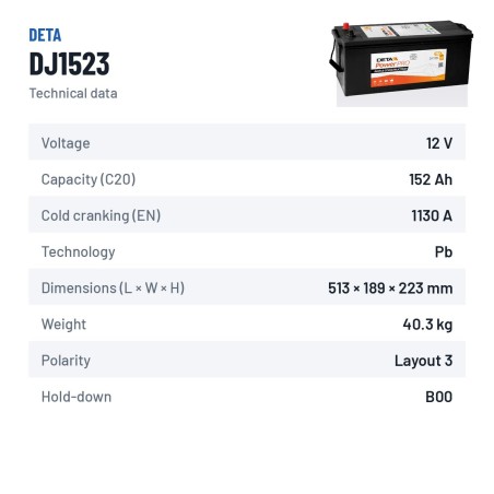 Batterie camion Deta DJ1523 12V 152Ah 1130A – fiche technique