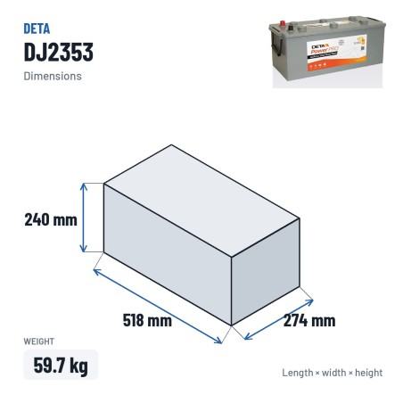 LKW-Batterie Deta DJ2353 12V 235Ah 1450A – Abmessungen 518 × 274 × 240 mm